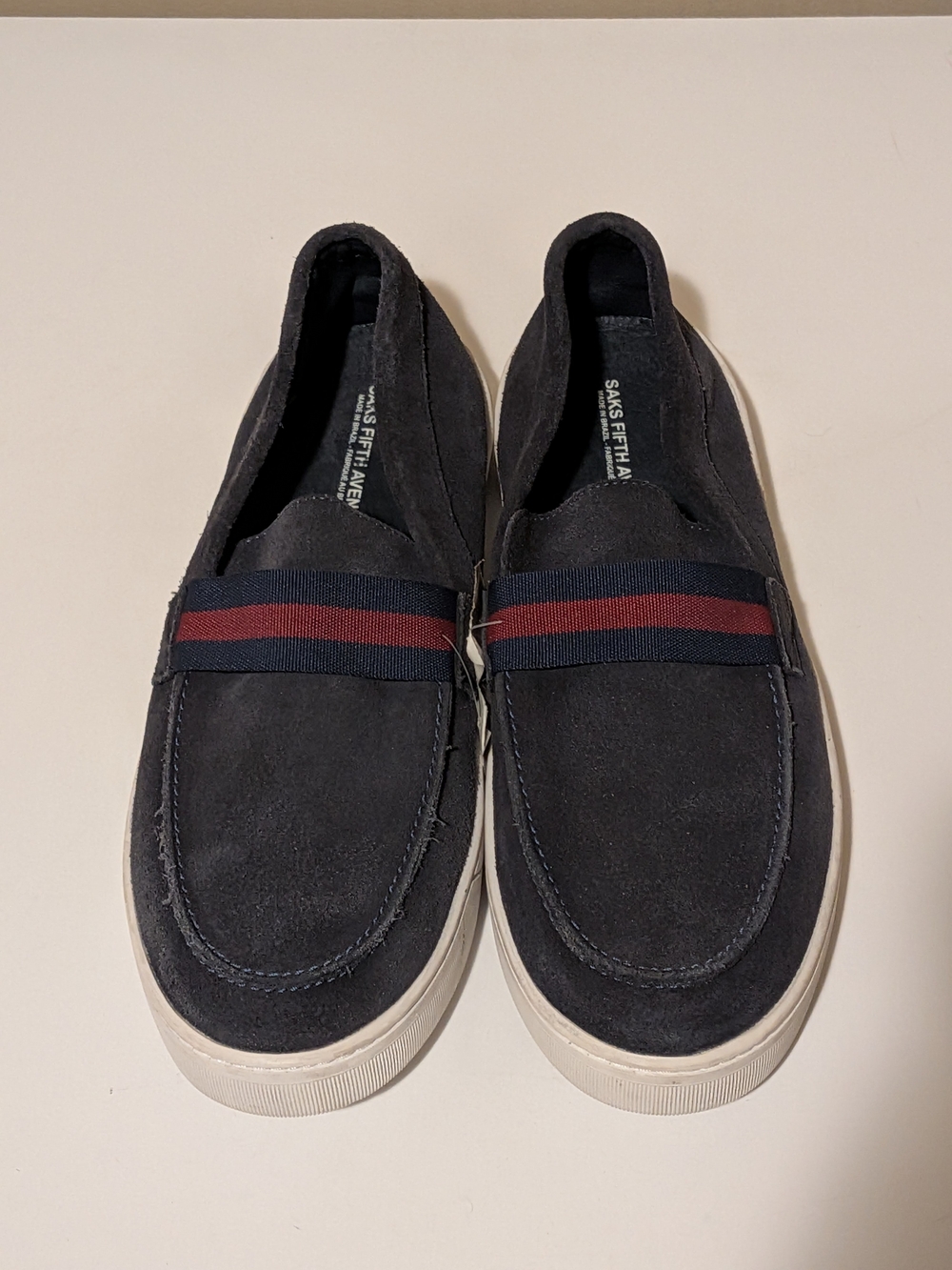 Saks Fifth Avenue Navy Suede Slip-On Loafers with Red Stripe